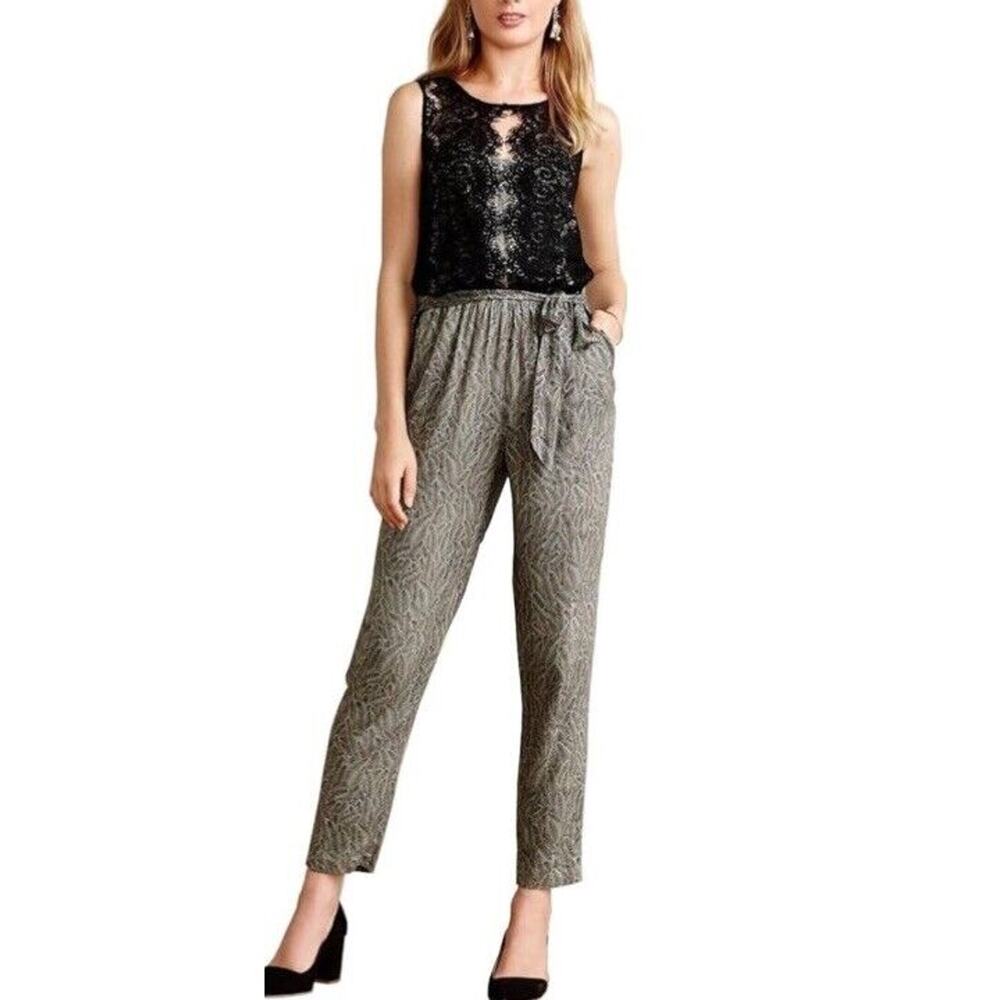 ELEVENSES Anthropologie Womens Jumpsuit Black Lace‎ Medley Feather Print Size 8